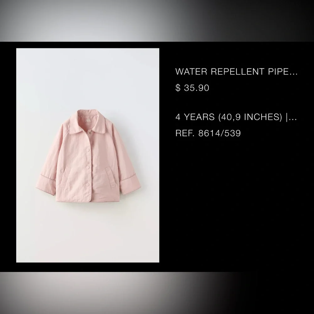 NWOT. Zara Water Repellant Mauve Pink Parka Size 4 Years. Never worn